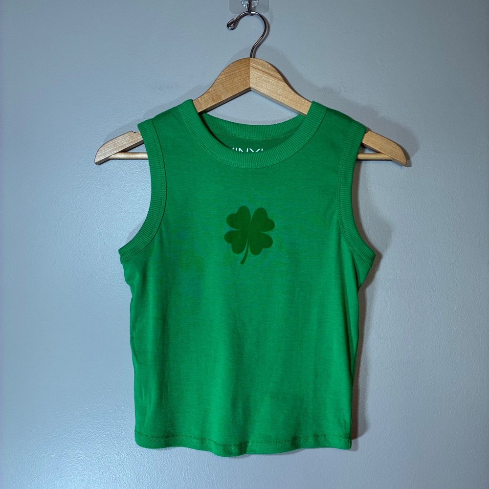 Vinyl Icons Green Four Leaf Clover Ribbed Tank Top Womens Medium St Patricks Day